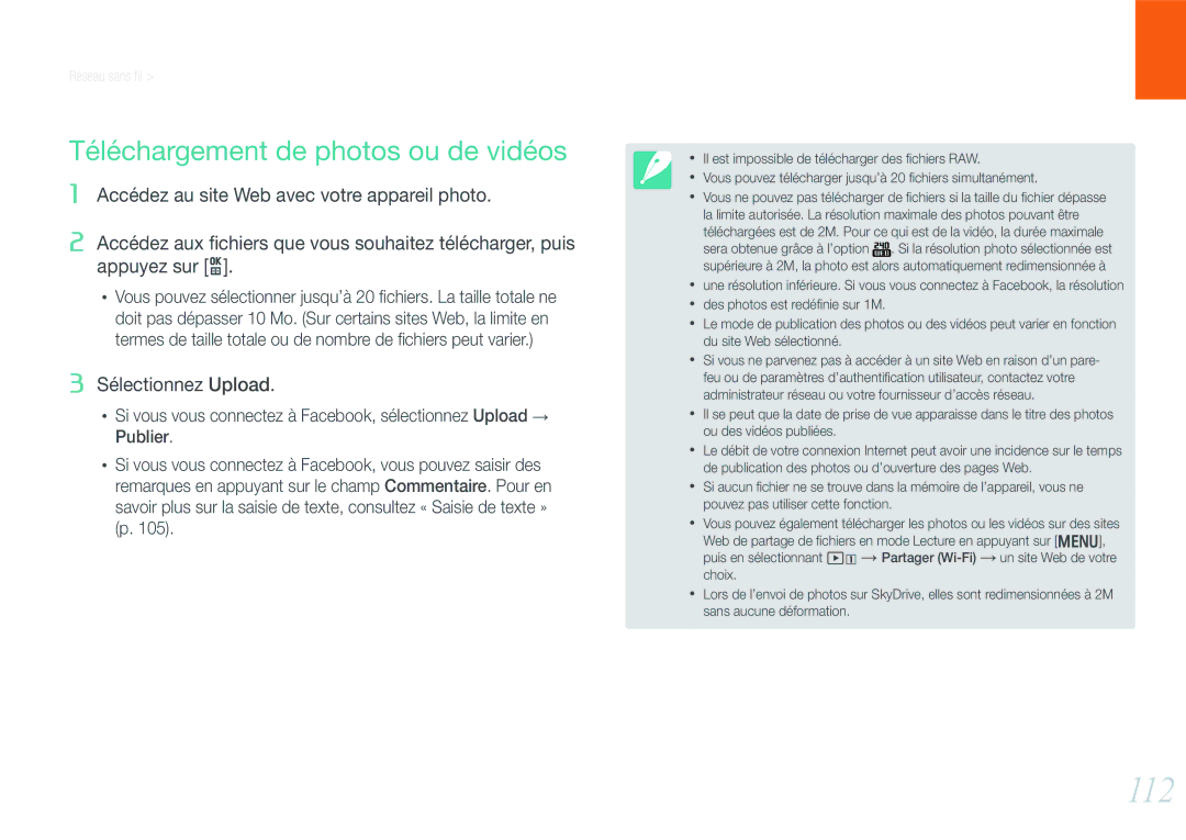 Samsung EV-NX1100BFWFR, EV-NX1000BUBFR, EV-NX1000BQWFR, EV-NX1100BUBFR manual 112, Téléchargement de photos ou de vidéos 