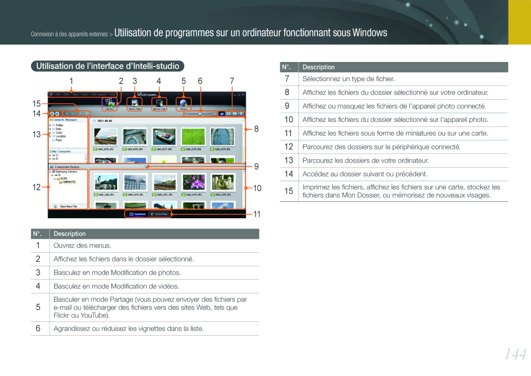 Samsung EV-NX1100BUBFR, EV-NX1000BUBFR, EV-NX1000BQWFR, EV-NX1100BFWFR manual 144, Utilisation de l’interface d’Intelli-studio 