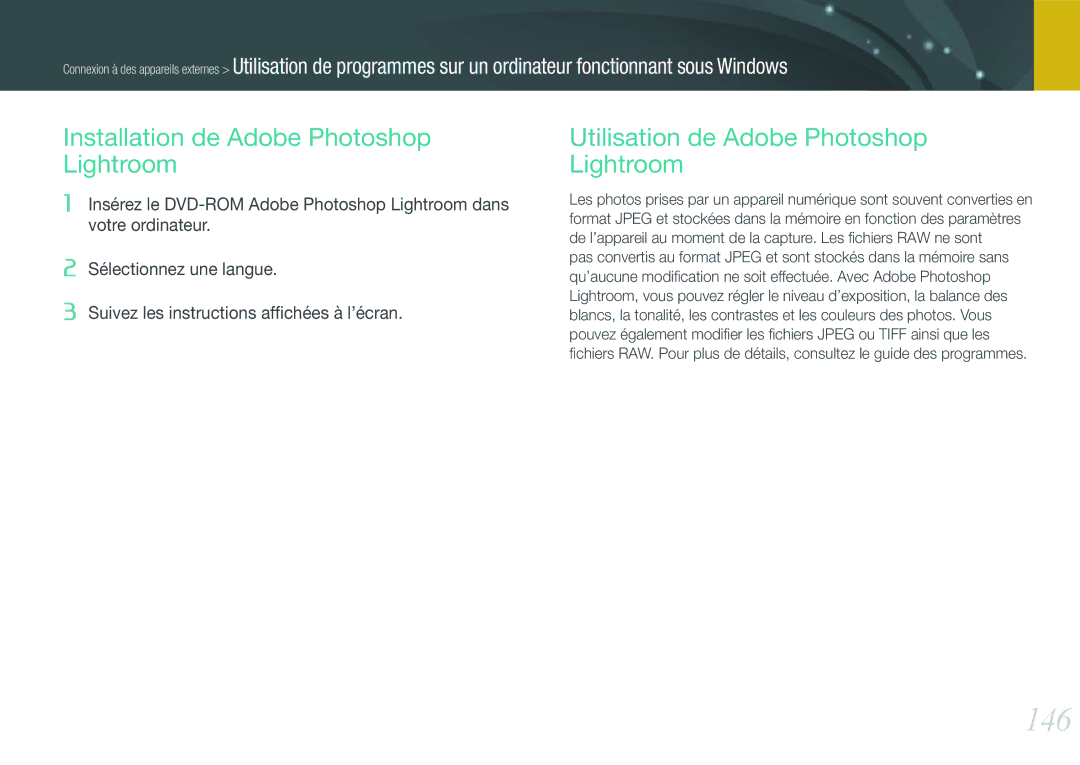 Samsung EV-NX1000BFWFR manual 146, Installation de Adobe Photoshop Lightroom, Utilisation de Adobe Photoshop Lightroom 