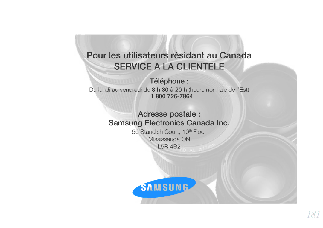 Samsung EV-NX1100BQWFR, EV-NX1000BUBFR, EV-NX1000BQWFR, EV-NX1100BUBFR, EV-NX1100BFWFR manual 181, Service a LA Clientele 