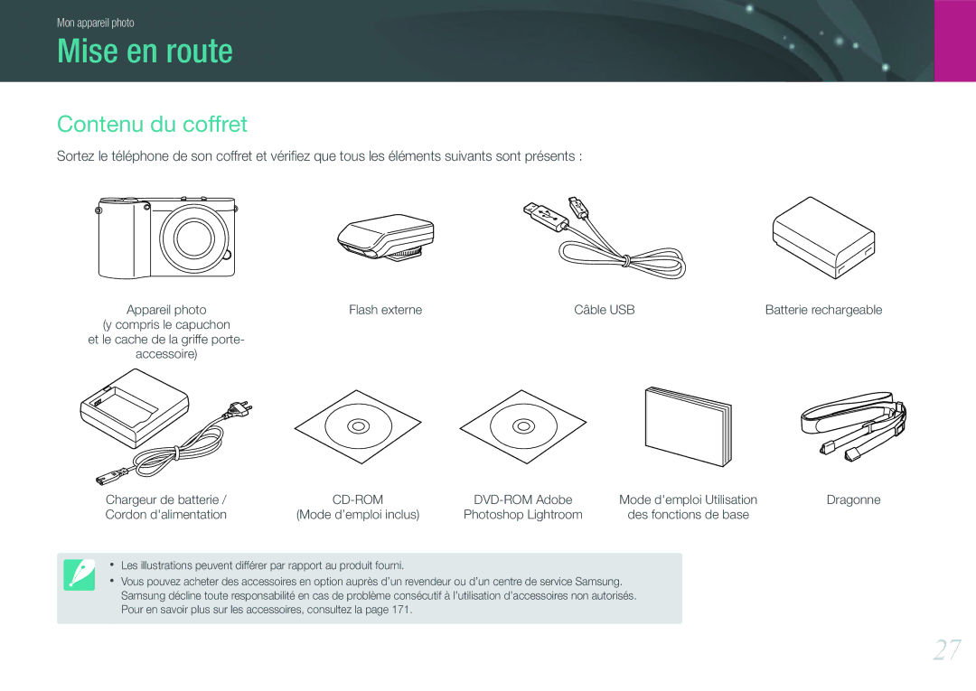 Samsung EV-NX1100BQWFR, EV-NX1000BUBFR Mise en route, Contenu du coffret, Flash externe Câble USB, Chargeur de batterie 