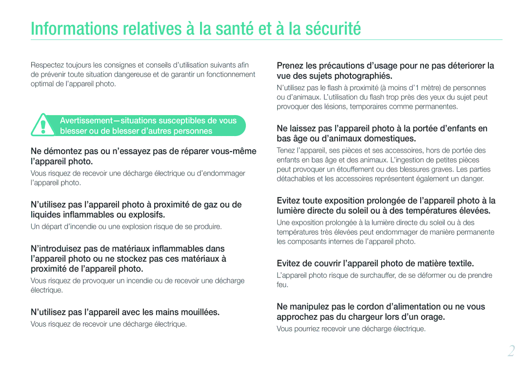 Samsung EV-NX1100BFWFR, EV-NX1000BUBFR, EV-NX1000BQWFR, EV-NX1100BUBFR Informations relatives à la santé et à la sécurité 