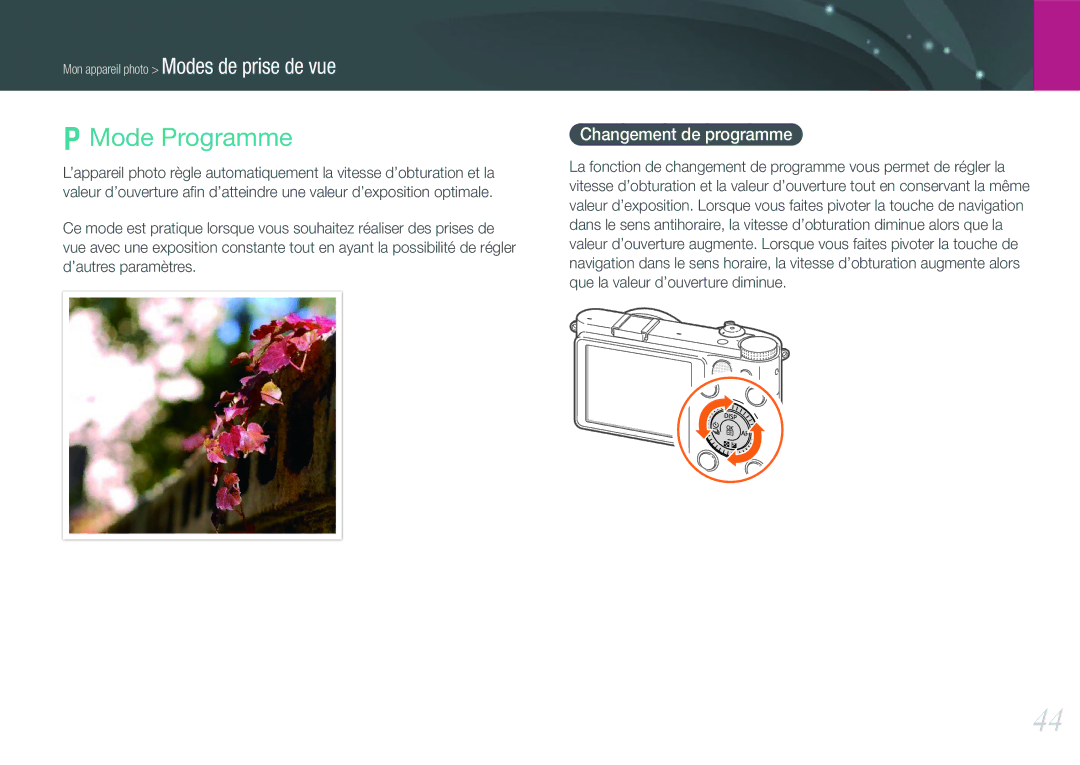 Samsung EV-NX1000BQWFR, EV-NX1000BUBFR, EV-NX1100BUBFR, EV-NX1100BFWFR manual Mode Programme, Changement de programme 