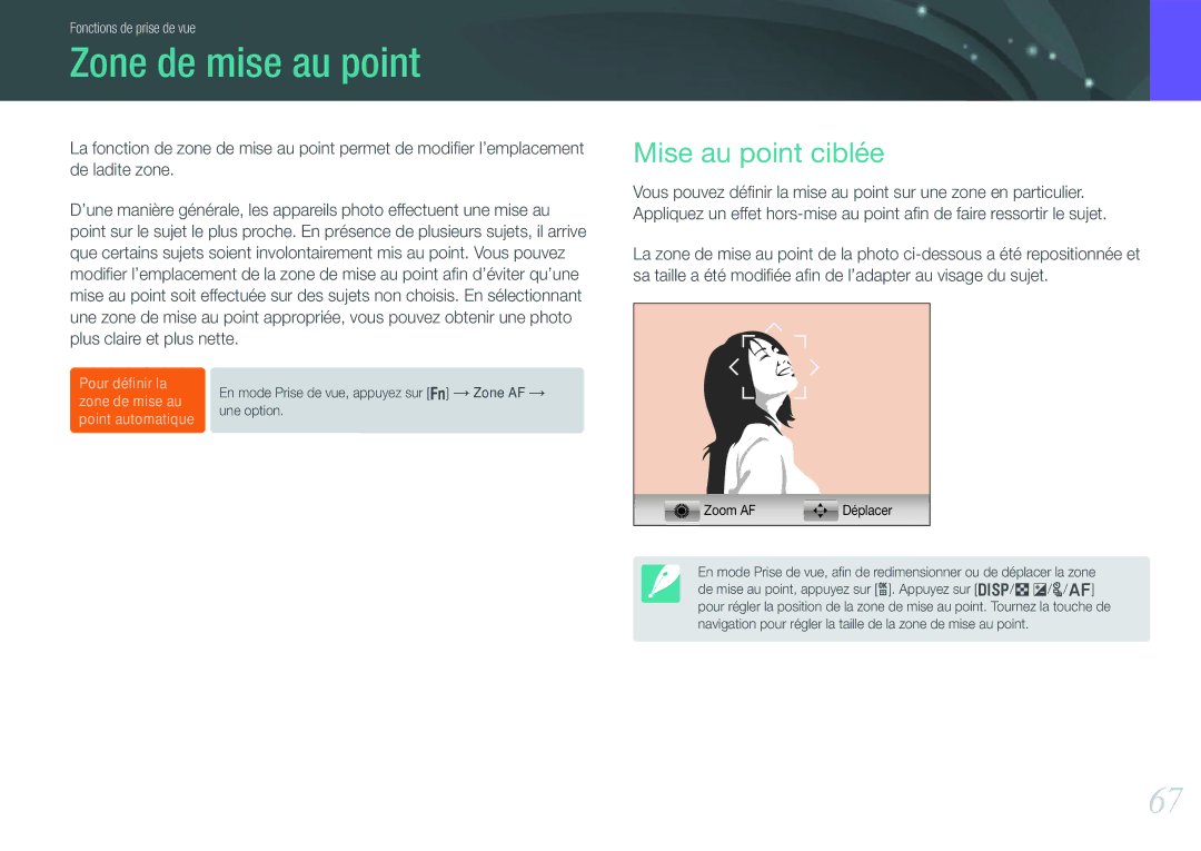 Samsung EV-NX1100BUBFR, EV-NX1000BUBFR, EV-NX1000BQWFR, EV-NX1100BFWFR manual Zone de mise au point, Mise au point ciblée 