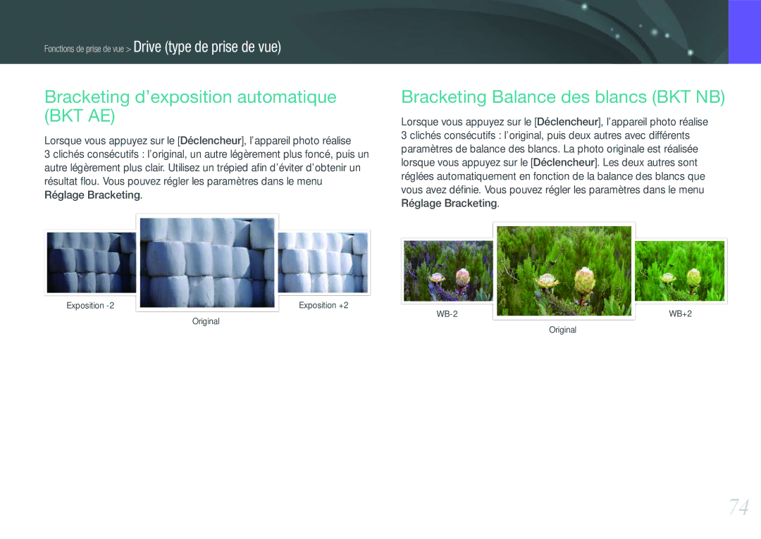 Samsung EV-NX1000BPWFR, EV-NX1000BUBFR Bracketing d’exposition automatique BKT AE, Bracketing Balance des blancs BKT NB 