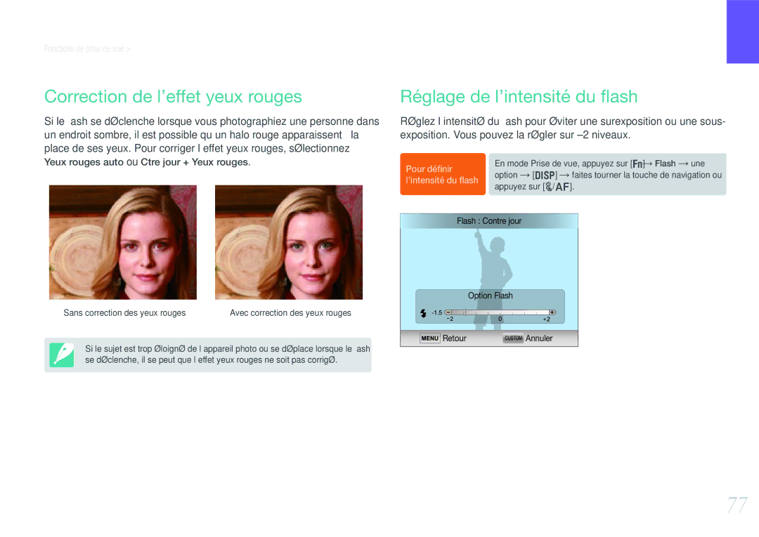 Samsung EV-NX1000BQWFR, EV-NX1000BUBFR, EV-NX1100BUBFR Correction de l’effet yeux rouges, Réglage de l’intensité du ﬂash 