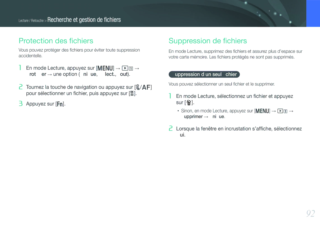 Samsung EV-NX1100BSBFR, EV-NX1000BUBFR manual Protection des ﬁchiers, Suppression de ﬁchiers, Suppression d’un seul ﬁchier 