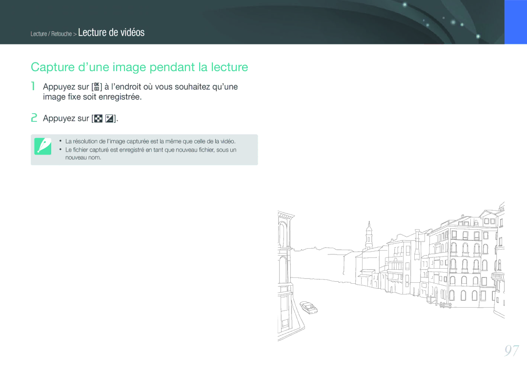 Samsung EV-NX1000BABFR, EV-NX1000BUBFR, EV-NX1000BQWFR, EV-NX1100BUBFR, EV-NX1100BFWFR Capture d’une image pendant la lecture 