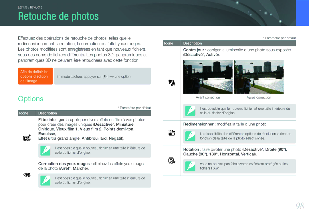 Samsung EV-NX1000BUBFR, EV-NX1000BQWFR, EV-NX1100BUBFR, EV-NX1100BFWFR, EV-NX1000BFWFR manual Retouche de photos, Options 