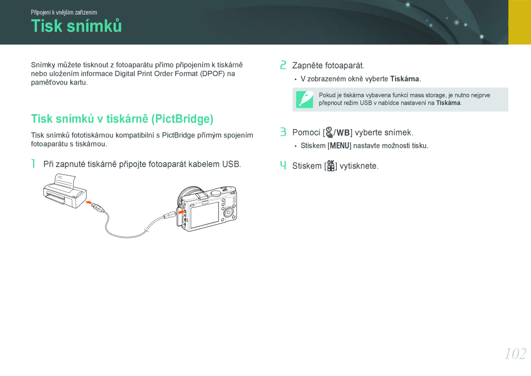 Samsung EV-NX100ZBABCZ manual 102, Tisk snímků v tiskárně PictBridge 