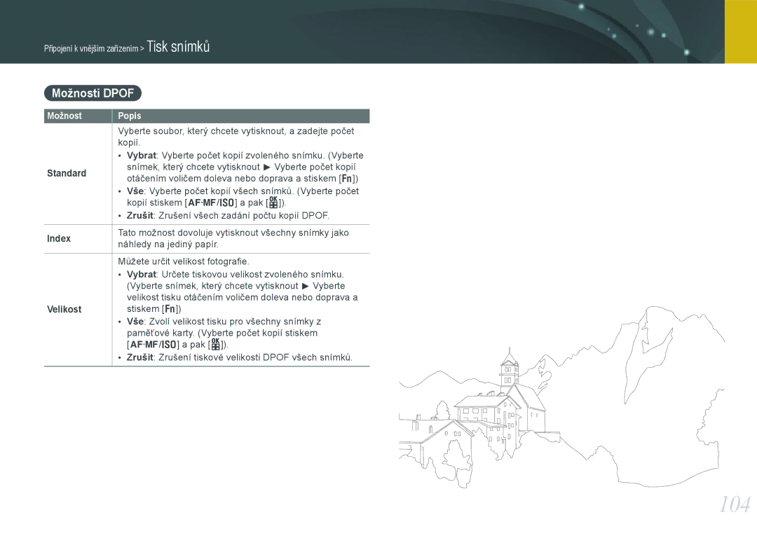 Samsung EV-NX100ZBABCZ manual 104, Možnosti Dpof, Standard, Index 