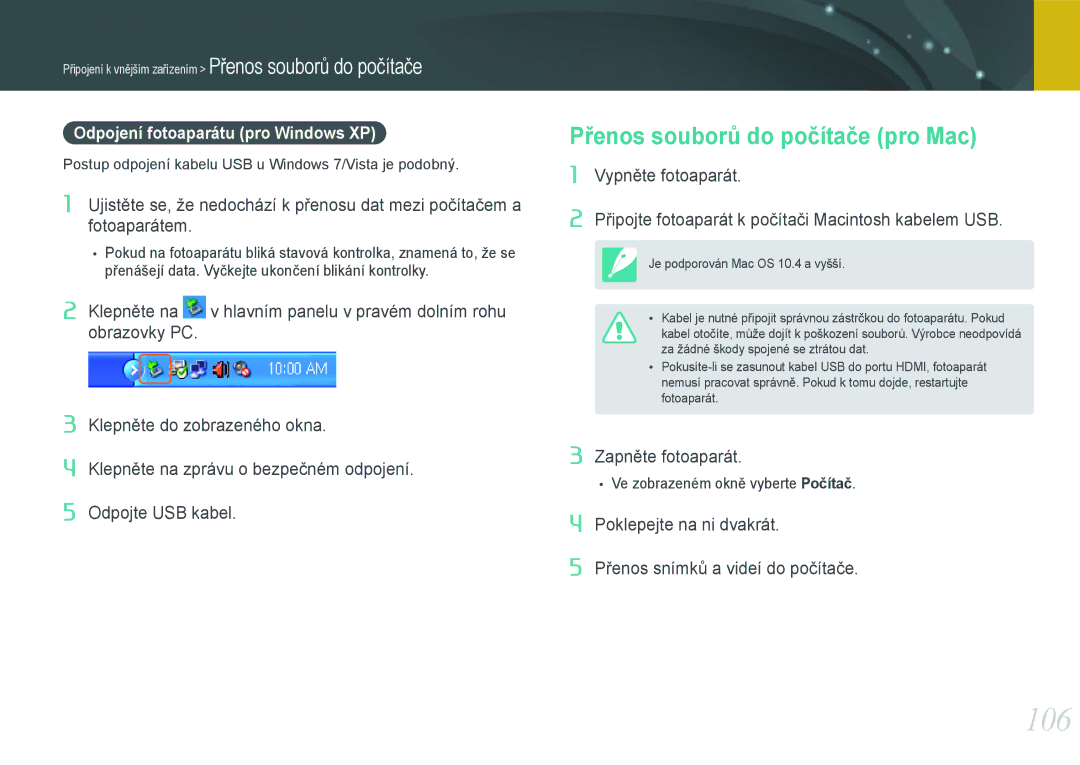 Samsung EV-NX100ZBABCZ manual 106, Přenos souborů do počítače pro Mac, Odpojení fotoaparátu pro Windows XP 