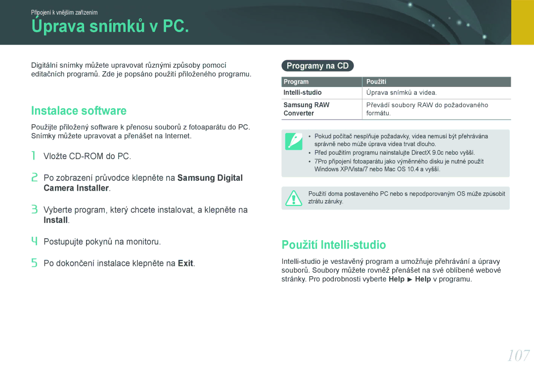 Samsung EV-NX100ZBABCZ manual Úprava snímků v PC, 107, Instalace software, Použití Intelli-studio, Programy na CD 