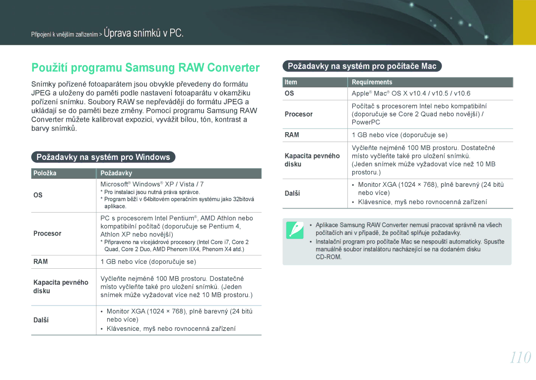 Samsung EV-NX100ZBABCZ 110, Použití programu Samsung RAW Converter, Požadavky na systém pro Windows, Kapacita pevného 