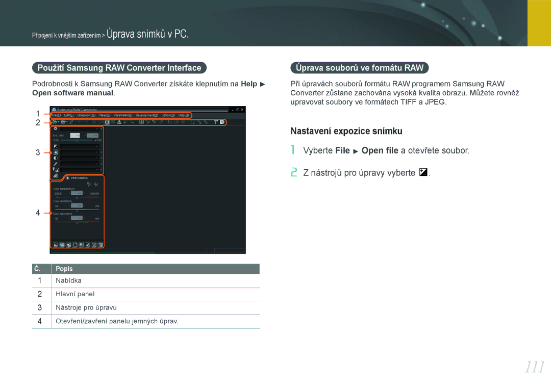 Samsung EV-NX100ZBABCZ manual 111, Použití Samsung RAW Converter Interface, Úprava souborů ve formátu RAW 
