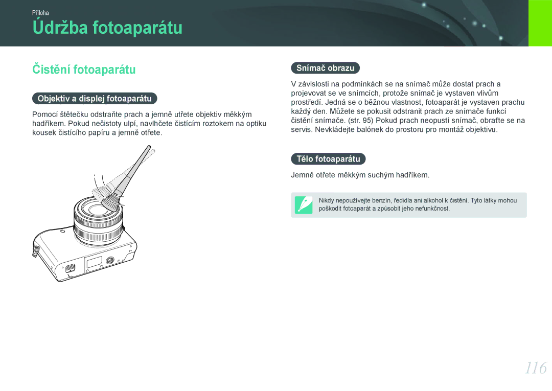 Samsung EV-NX100ZBABCZ manual Údržba fotoaparátu, 116, Čistění fotoaparátu 