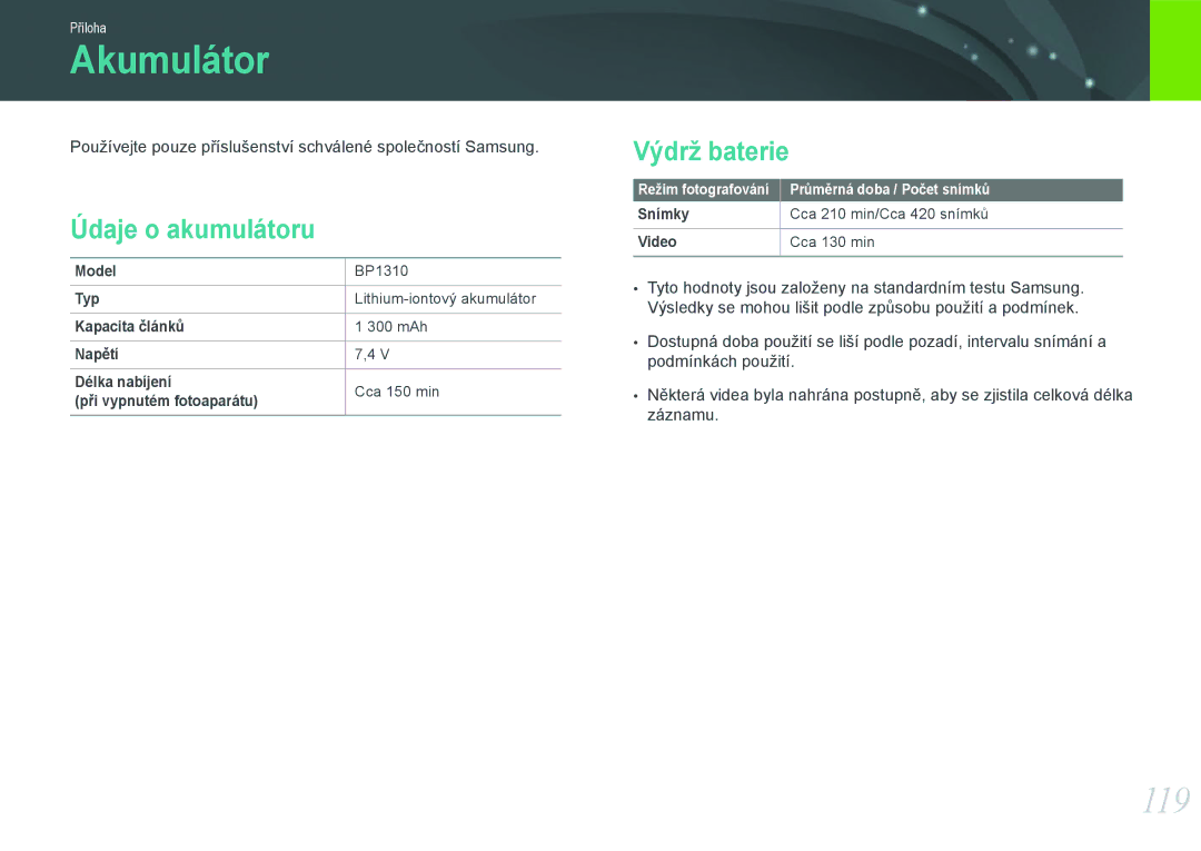 Samsung EV-NX100ZBABCZ manual Akumulátor, 119, Údaje o akumulátoru, Výdrž baterie 