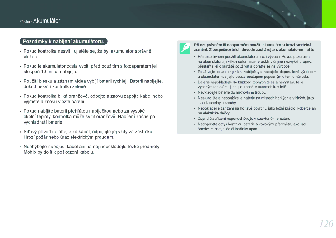 Samsung EV-NX100ZBABCZ manual 120, Poznámky k nabíjení akumulátoru 