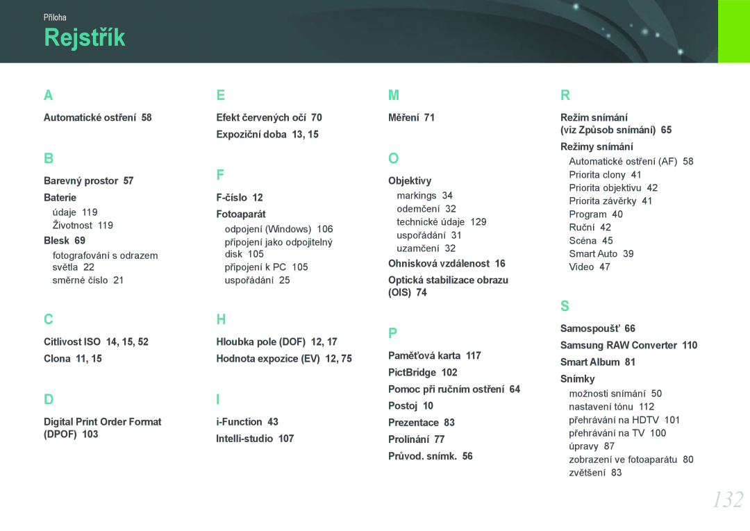 Samsung EV-NX100ZBABCZ manual Rejstřík, 132 