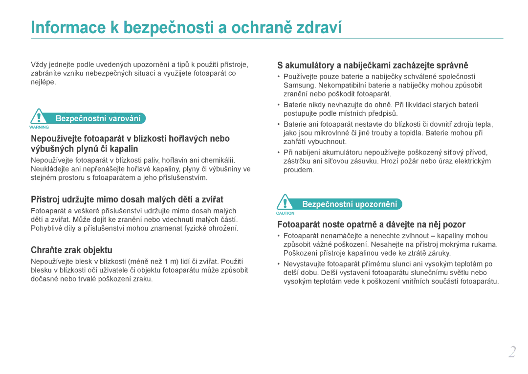 Samsung EV-NX100ZBABCZ manual Bezpečnostní varování, Bezpečnostní upozornění 