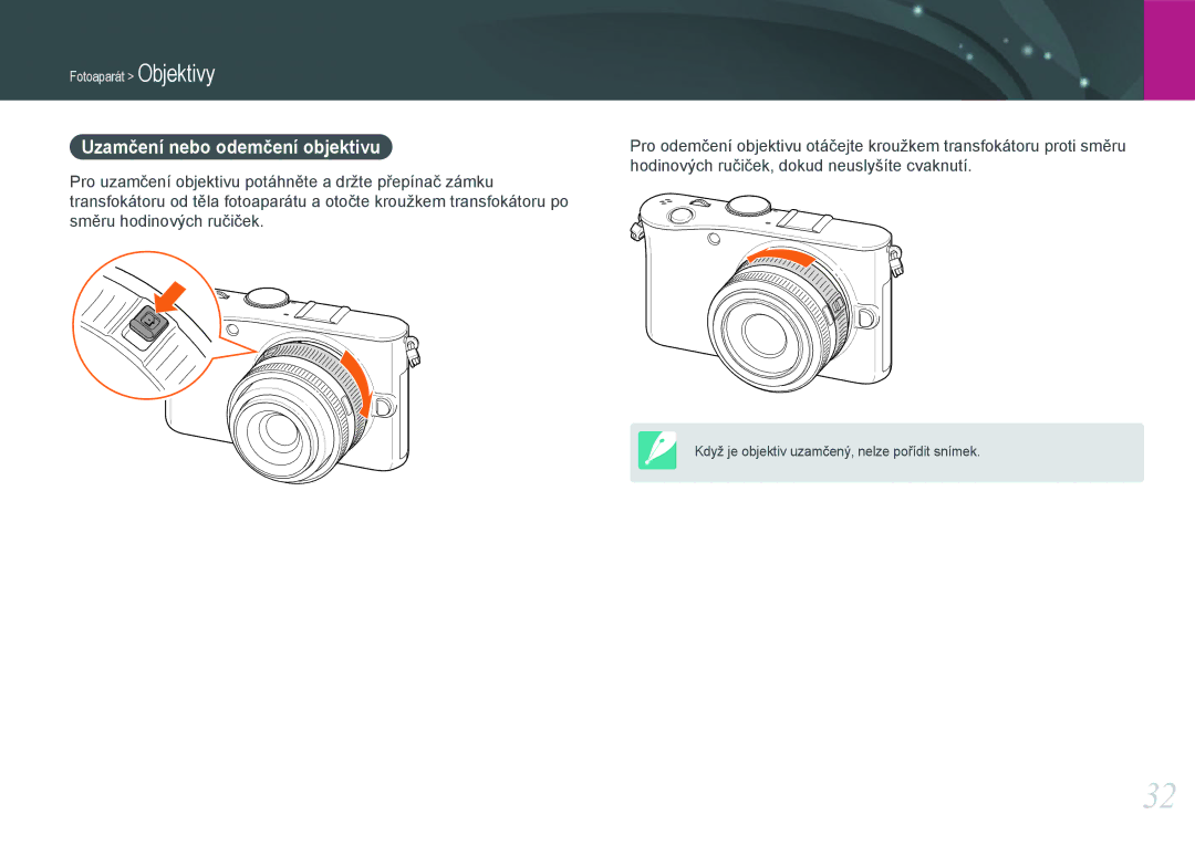 Samsung EV-NX100ZBABCZ manual Uzamčení nebo odemčení objektivu 