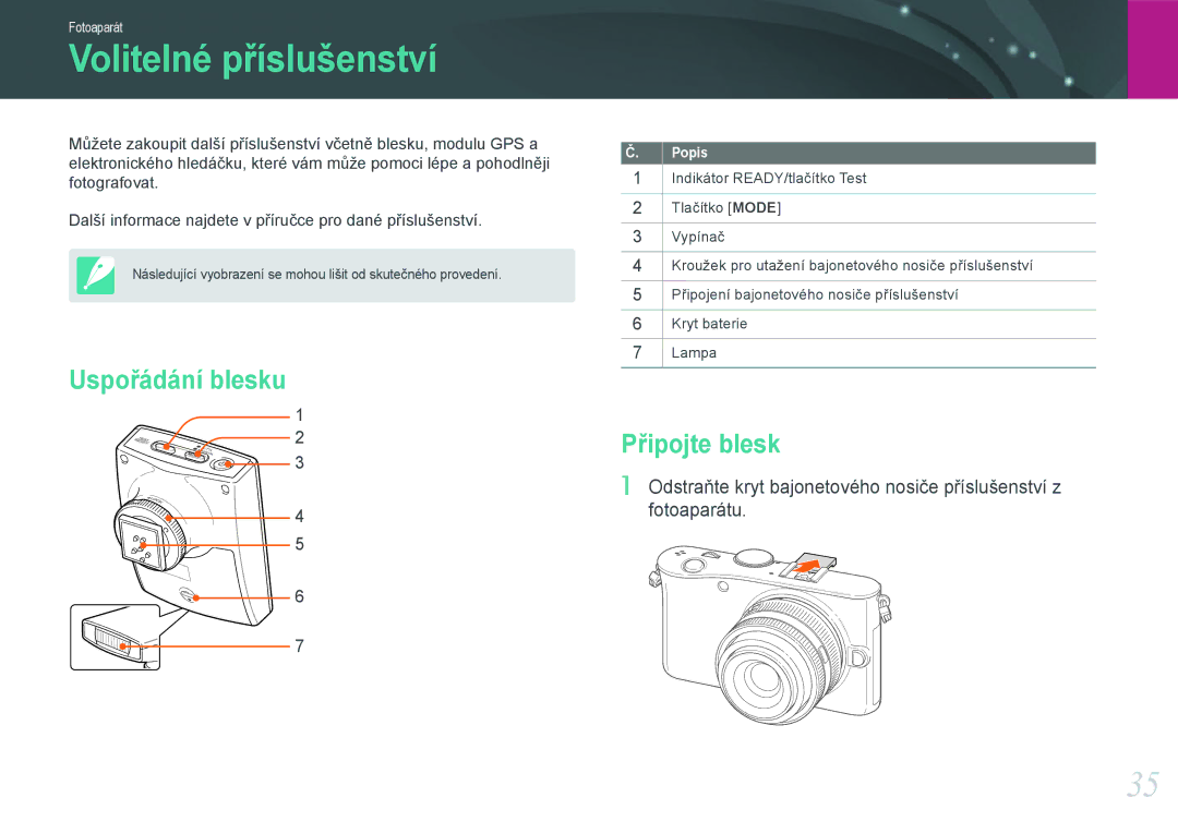 Samsung EV-NX100ZBABCZ manual Volitelné příslušenství, Uspořádání blesku, Připojte blesk 