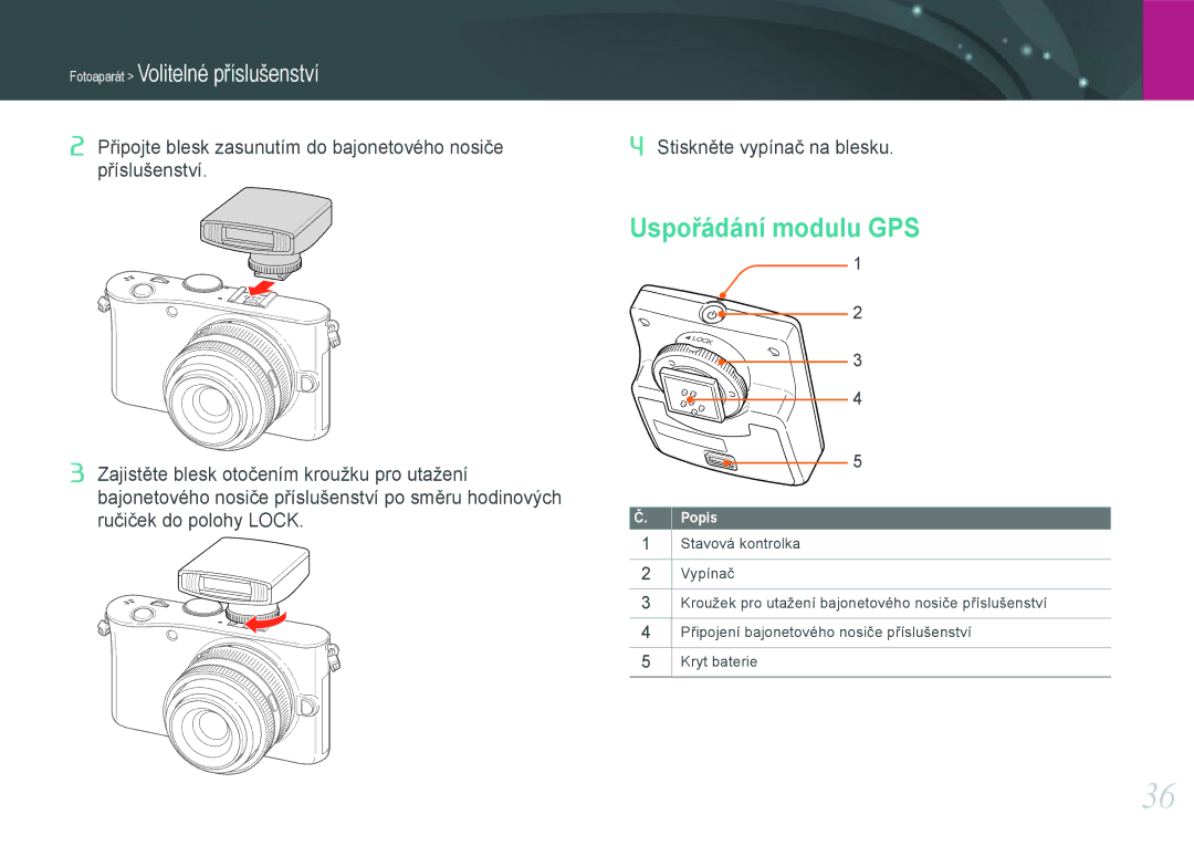 Samsung EV-NX100ZBABCZ manual Uspořádání modulu GPS, Fotoaparát Volitelné příslušenství 