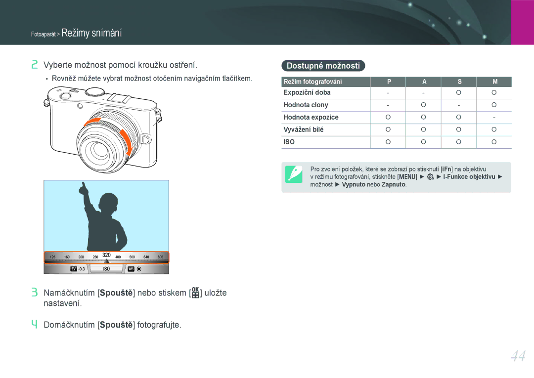 Samsung EV-NX100ZBABCZ manual Dostupné možnosti, Expoziční doba Hodnota clony Hodnota expozice Vyvážení bílé 