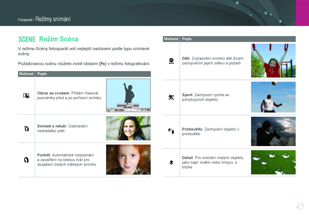 Samsung EV-NX100ZBABCZ manual Režim Scéna, Snímek s retuší Odstranění nedostatků pleti 