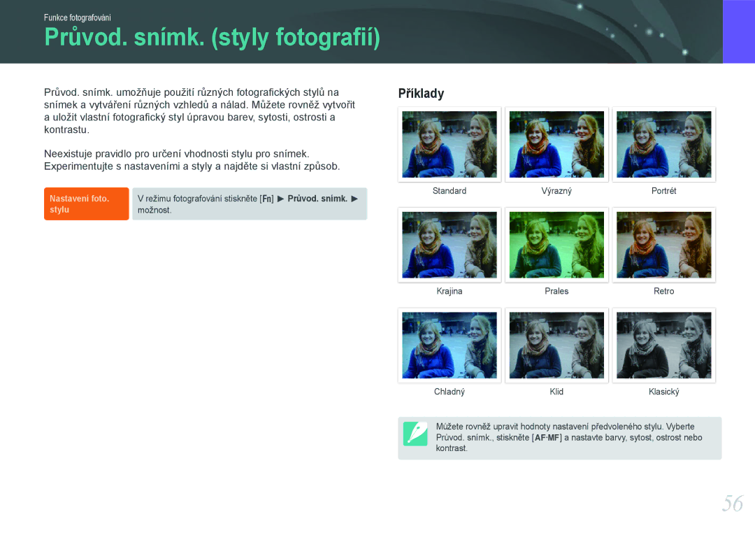 Samsung EV-NX100ZBABCZ manual Průvod. snímk. styly fotograﬁí 