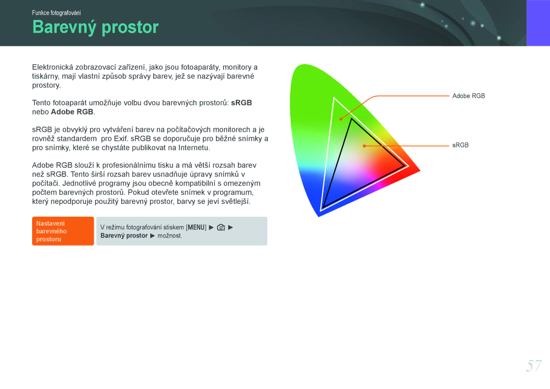 Samsung EV-NX100ZBABCZ manual Barevný prostor, Nebo Adobe RGB 