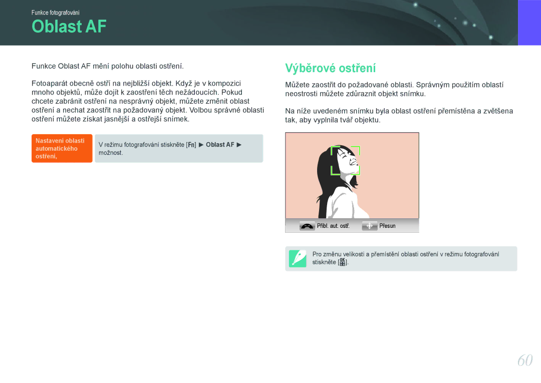 Samsung EV-NX100ZBABCZ manual Oblast AF, Výběrové ostření 