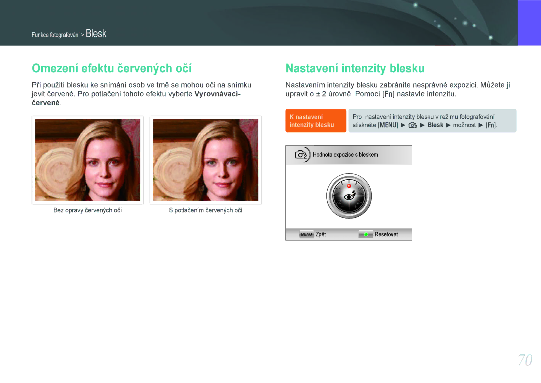 Samsung EV-NX100ZBABCZ manual Omezení efektu červených očí, Nastavení intenzity blesku, Červené 