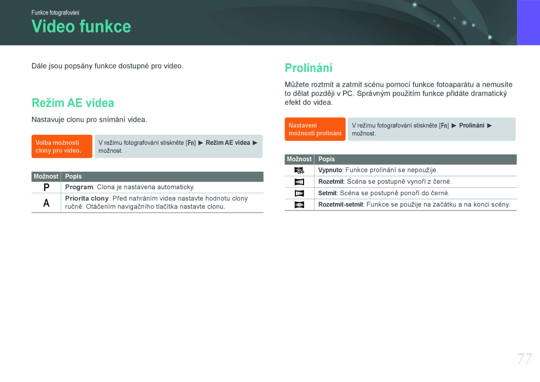 Samsung EV-NX100ZBABCZ manual Video funkce, Režim AE videa Prolínání 