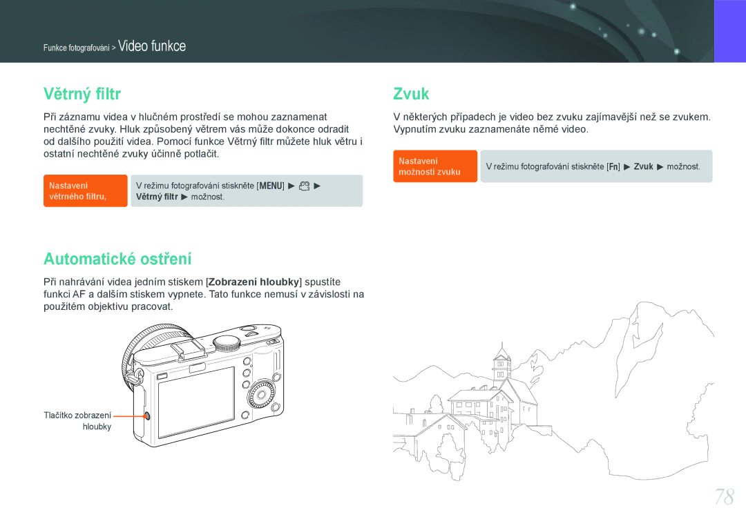 Samsung EV-NX100ZBABCZ manual Větrný ﬁltr, Automatické ostření, Zvuk 