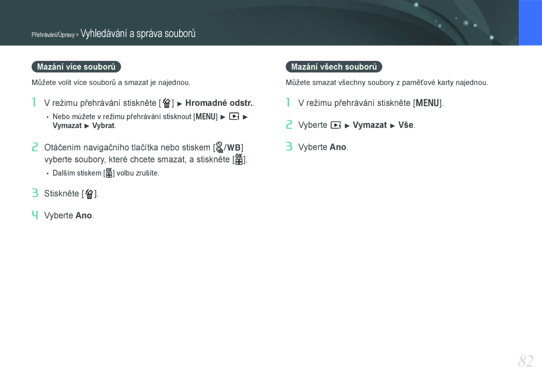 Samsung EV-NX100ZBABCZ manual Mazání více souborů, Mazání všech souborů 