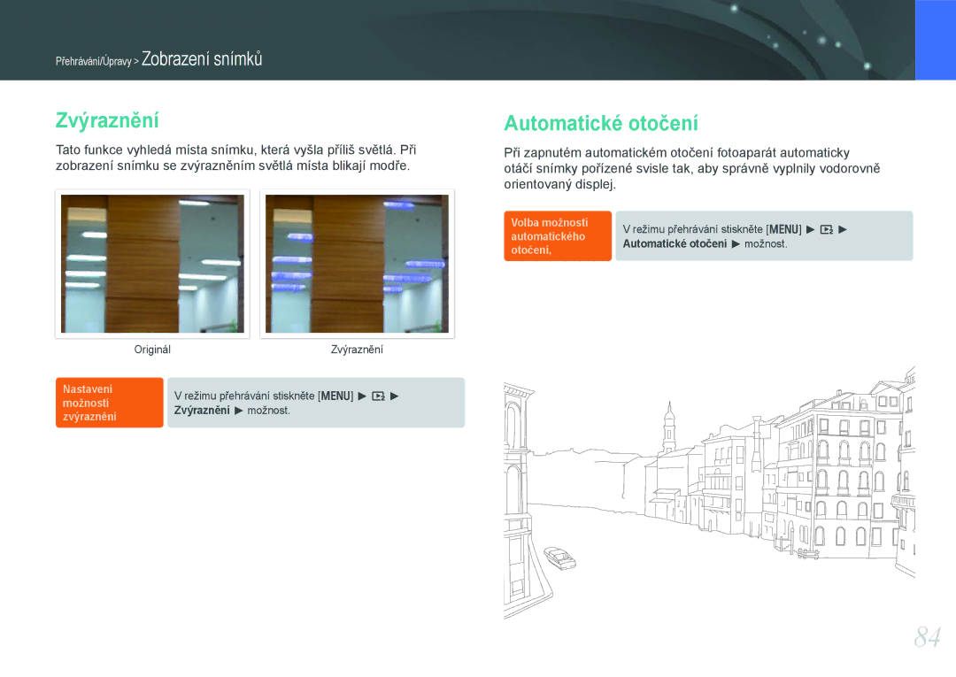 Samsung EV-NX100ZBABCZ manual Zvýraznění, Automatické otočení 