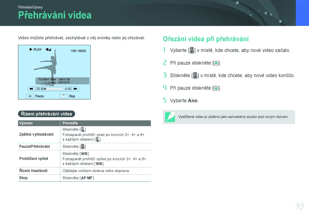 Samsung EV-NX100ZBABCZ manual Přehrávání videa, Ořezání videa při přehrávání 