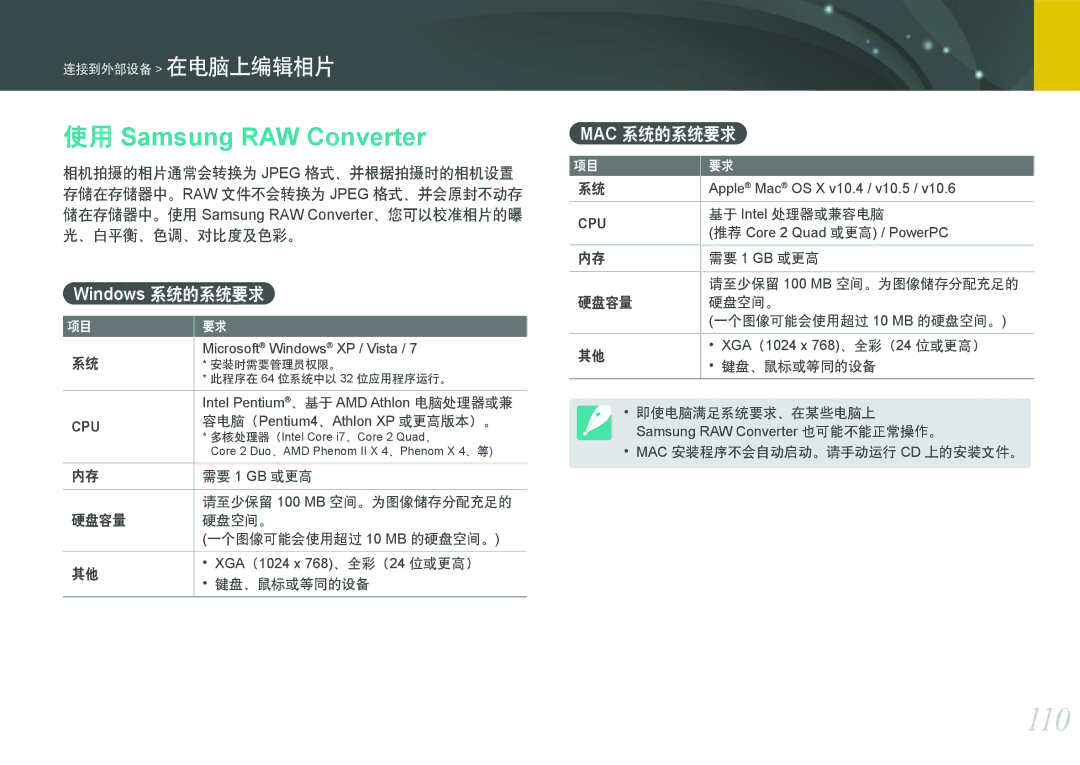 Samsung EV-NX100ZBABHU, EV-NX100ZBABDE, EV-NX100ZBABIT, EV-NX100ZBANIT, EV-NX100ZBAWIT, EV-NX100ZBABCZ manual 110, Mac 系统的系统要求 