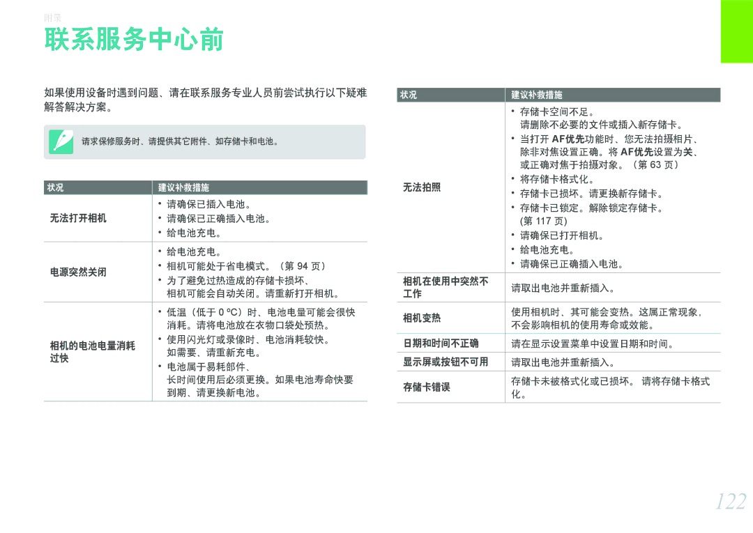 Samsung EV-NX100ZBAWIT, EV-NX100ZBABDE, EV-NX100ZBABIT, EV-NX100ZBANIT, EV-NX100ZBABCZ, EV-NX100ZBABPL manual 联系服务中心前, 122 