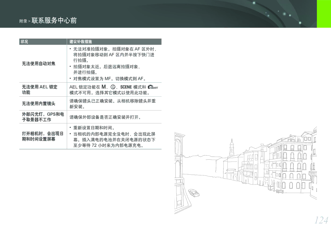 Samsung EV-NX100ZBABPL, EV-NX100ZBABDE, EV-NX100ZBABIT, EV-NX100ZBANIT manual 124, 将拍摄对象移动到 Af 区内并半按下快门进, 至少等待 72 小时来为内部电源充电。 