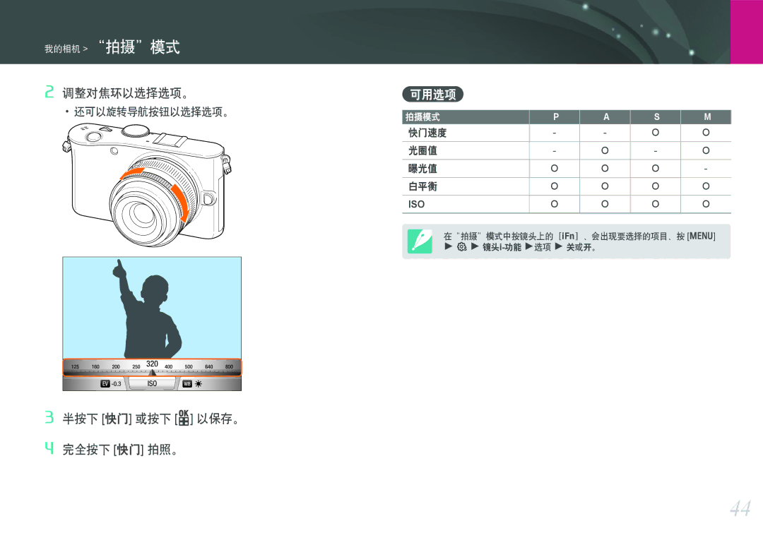 Samsung EV-NX100ZBABPL, EV-NX100ZBABDE, EV-NX100ZBABIT, EV-NX100ZBANIT, EV-NX100ZBAWIT, EV-NX100ZBABCZ 可用选项, 快门速度 光圈值 曝光值 白平衡 