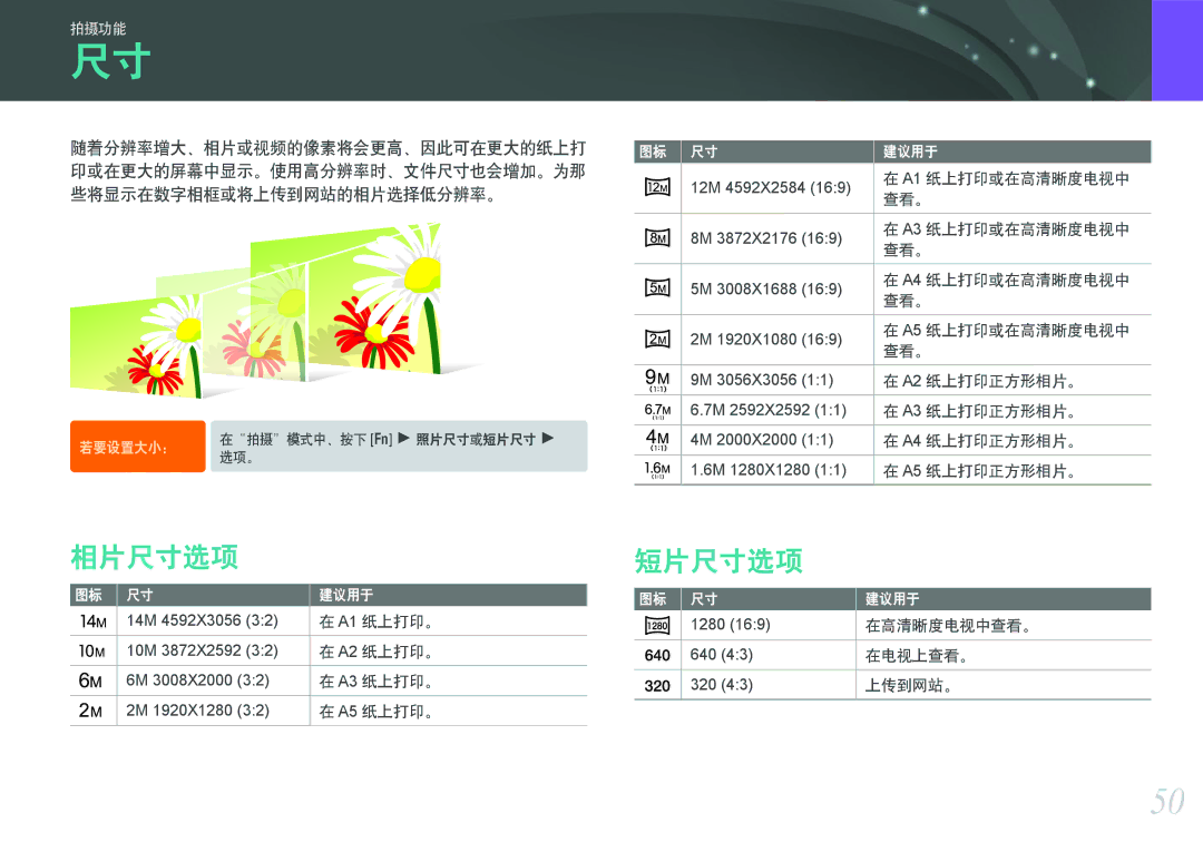 Samsung EV-NX100ZBAWIT, EV-NX100ZBABDE, EV-NX100ZBABIT, EV-NX100ZBANIT, EV-NX100ZBABCZ, EV-NX100ZBABPL manual 相片尺寸选项, 短片尺寸选项 