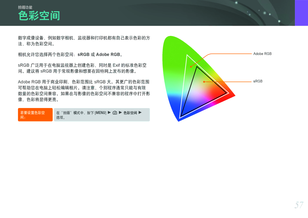 Samsung EV-NX100ZBANIT, EV-NX100ZBABDE manual 相机允许您选择两个色彩空间：sRGB 或 Adobe RGB。, 数字成像设备、例如数字相机、监视器和打印机都有自己表示色彩的方 法、称为色彩空间。 