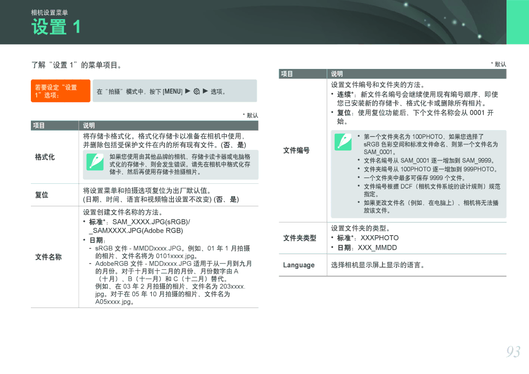 Samsung EV-NX100ZBABSE, EV-NX100ZBABDE, EV-NX100ZBABIT, EV-NX100ZBANIT, EV-NX100ZBAWIT, EV-NX100ZBABCZ manual 了解设置 1的菜单项目。 