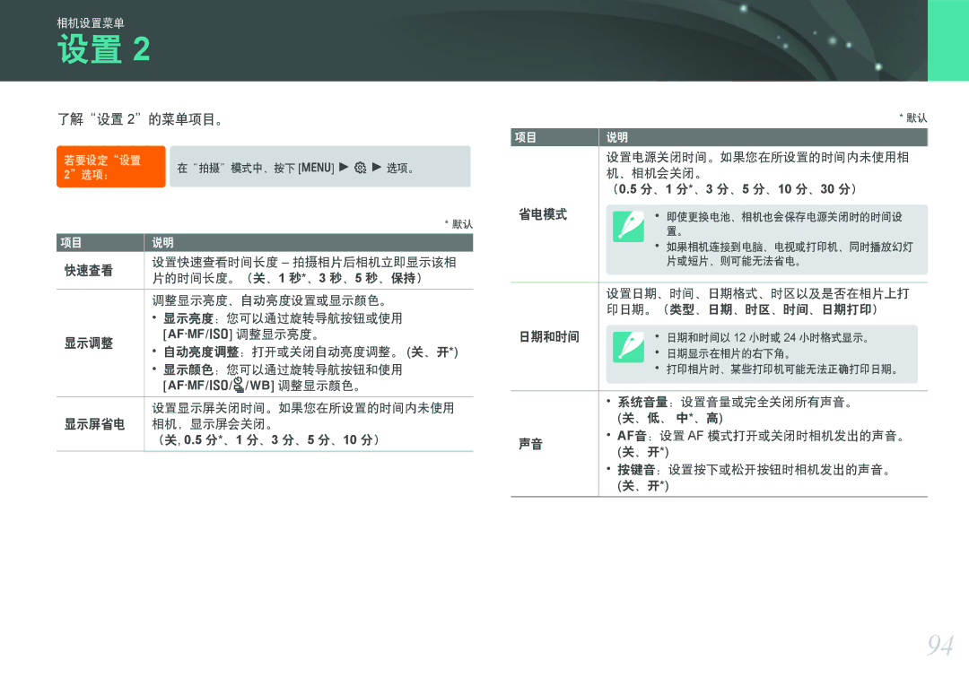 Samsung EV-NX100ZBABHU, EV-NX100ZBABDE, EV-NX100ZBABIT, EV-NX100ZBANIT, EV-NX100ZBAWIT, EV-NX100ZBABCZ manual 了解设置 2的菜单项目。 