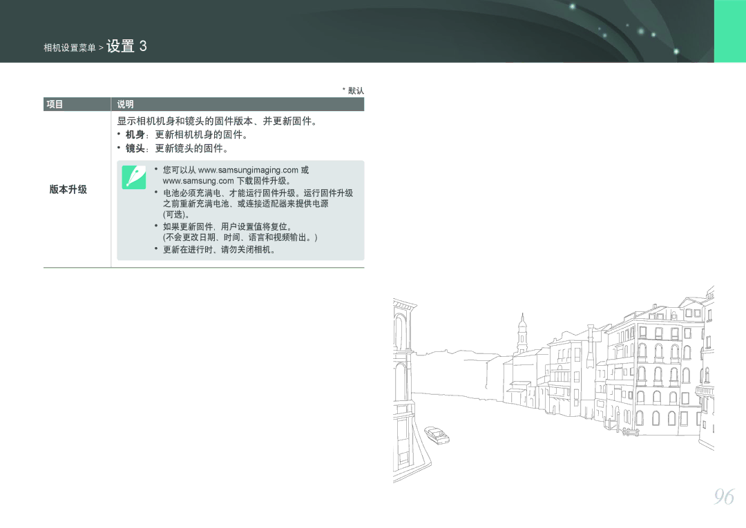 Samsung EV-NX100ZBABIT, EV-NX100ZBABDE, EV-NX100ZBANIT, EV-NX100ZBAWIT 版本升级 显示相机机身和镜头的固件版本、并更新固件。 机身：更新相机机身的固件。 镜头：更新镜头的固件。 