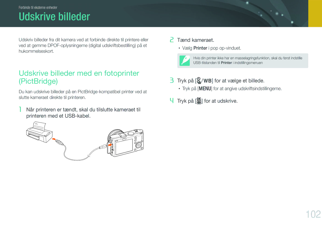 Samsung EV-NX100ZBAWDK, EV-NX100ZBABDE, EV-NX100ZBABDK manual 102, Udskrive billeder med en fotoprinter PictBridge 