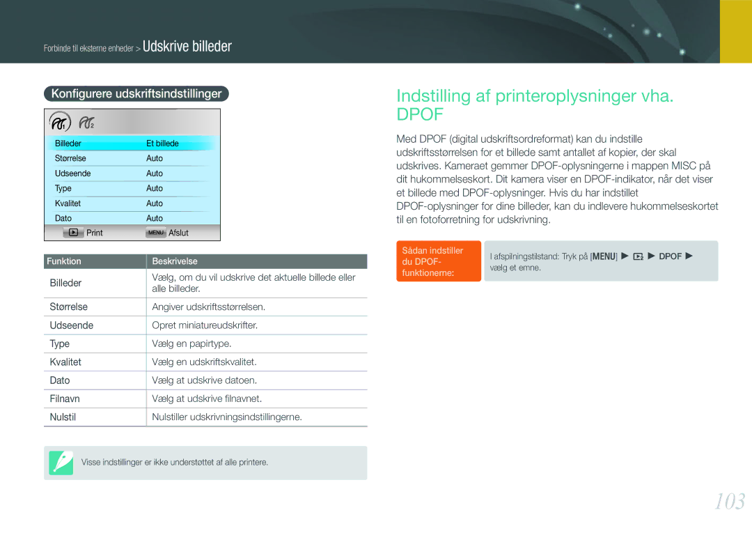 Samsung EV-NX100ZBABDK manual 103, Indstilling af printeroplysninger vha, Konﬁgurere udskriftsindstillinger, Alle billeder 