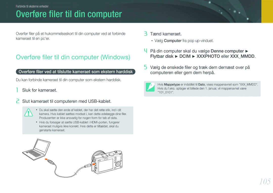 Samsung EV-NX100ZBABSE, EV-NX100ZBABDE, EV-NX100ZBAWDK, EV-NX100ZBABDK manual 105, Overføre ﬁler til din computer Windows 